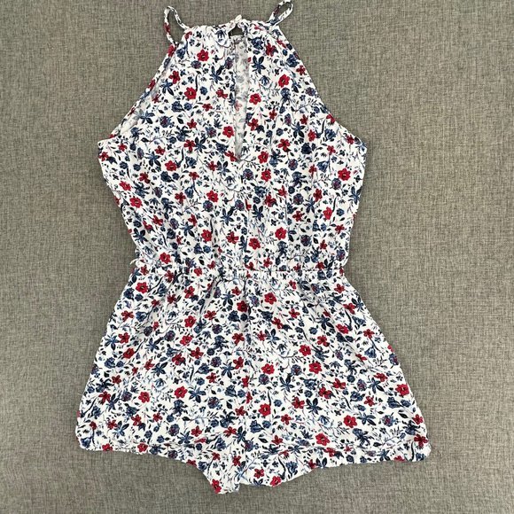 Joe B Floral Romper Sleeveless Cinched Waist Keyhole Neckline Large White Red Bl - Picture 12 of 14